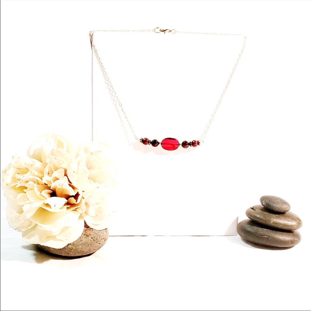 Flaming Red Sunset Beaded Necklace 18”